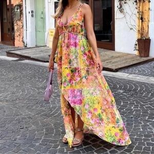 For Love & Lemons Asymettric Madison Chiffon Dress Colorful Gown Cut Out NWT
